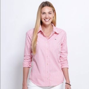 Pink gingham button down great for school and work